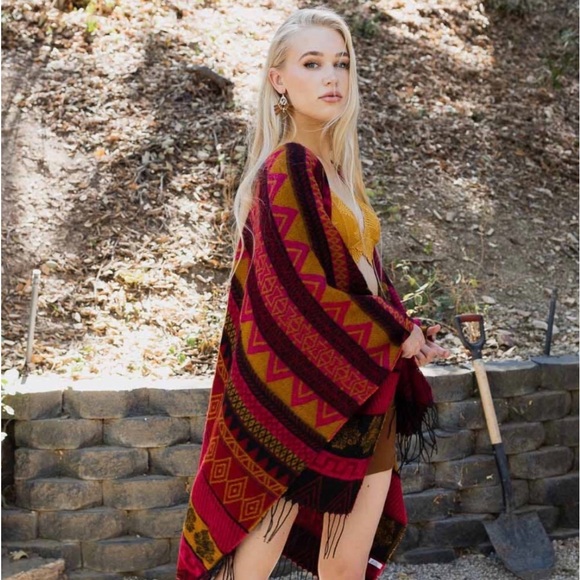 Southwestern Tassel Ruana, Wrap, Coat, Jacket, Kimono in Burgundy or Brown - Picture 3 of 5